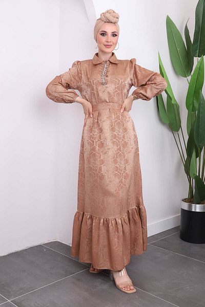 İmajButik Stone Detailed Biscuit Collar Jacquard Dress