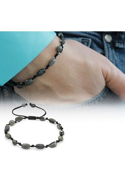 Tesbihane Macrame Braided Natural Cut Dorica Ball Detailed Labradorite Natural Stone Men's Bracelet