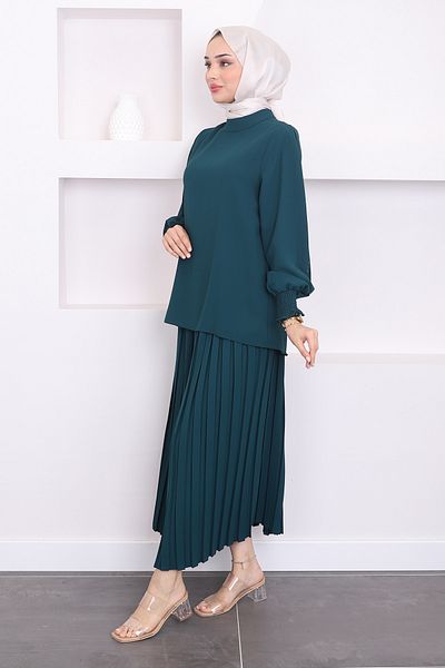 İmajButik Σετ Πουκάμισο & Φούστα Σμαραγδένιο Πράσινο - Με Λεπτομέρεια Μανίκι