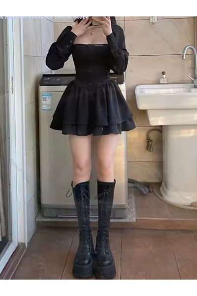 Köstebek Black Vintage Buttoned Long Sleeve Mini Skirt Dress
