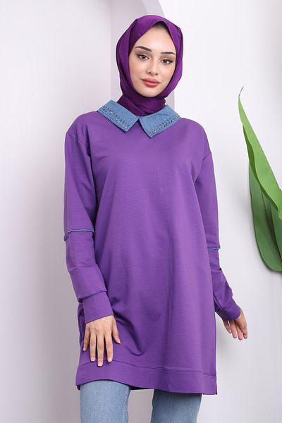 İmajButik Purple Collar Jewelled Two Thread Tunic