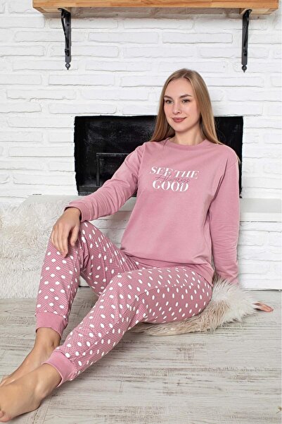 bie's Kadın Pembe Puantiyeli Bilek Manşetli 2 İplik Cepli Kışlık Jogger Eşofman Pijama Takımı Homewear