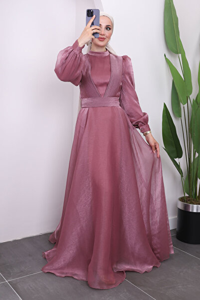 İmajButik Βραδινό φόρεμα με πλισέ Dusty Rose γιακά