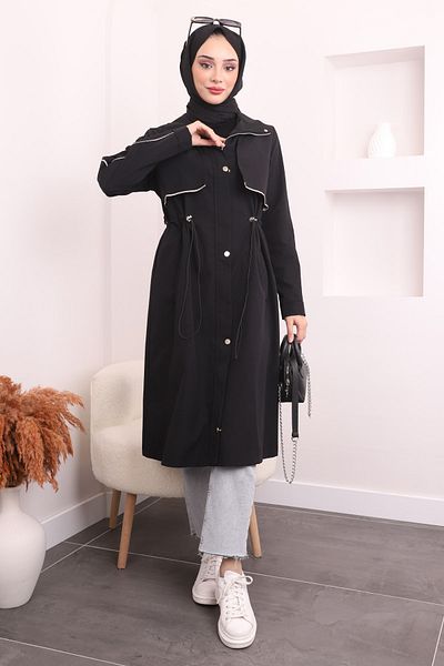 İmajButik Μαύρη καμπαρντίνα με λεπτομέρεια μπροστά
