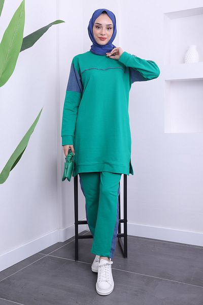 İmajButik Σετ με δύο κλωστές με πράσινο τζιν Λεπτομέρεια τουνίκ παντελόνι