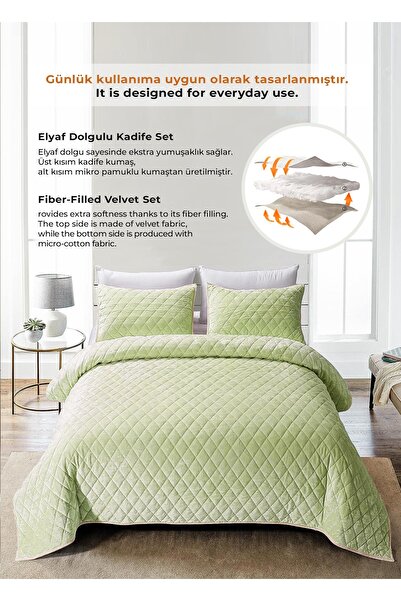Evlen Home Collection Kapitone Kadife Yatak Örtüsü Seti Tek Kişilik Supersoft 2 Parça Yumuşak Elyaf Dolgulu Yeşil