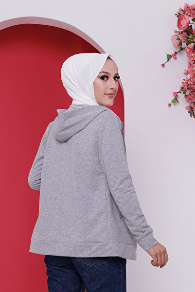 İmajButik Gri Kapüşonlu Ön Fermuarlı Cepli Sweatshirt Hırka