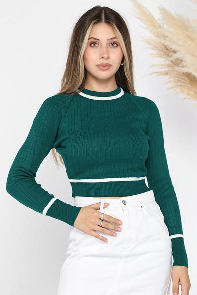 GÜLSELİ Emerald Green Corded Crop Knitwear Sweater