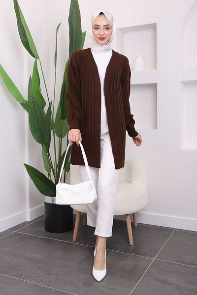 İmajButik Καφέ Ζακέτα με ραβδώσεις Şardon Knitwear
