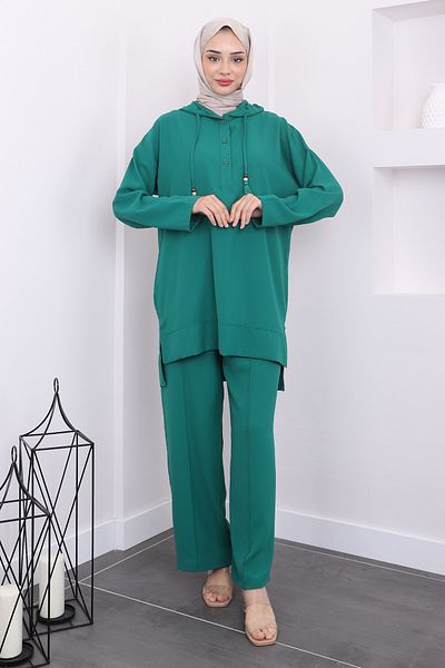 İmajButik Σετ παντελόνι τουνίκ με πράσινη κουκούλα