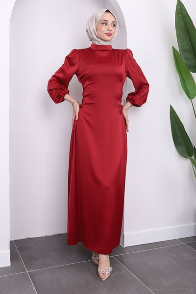 İmajButik Satin Evening Dress - Red Side Detail