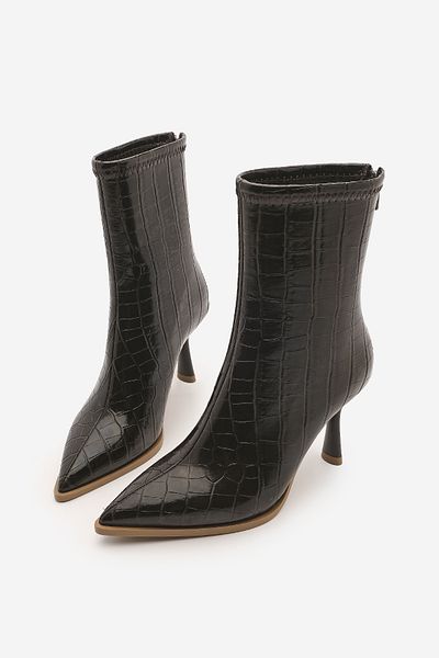 Marjin Women's Heeled Boots Pointed Toe Goblet Heel Back Zipper Daily Classic Boots Monos Brown Croco