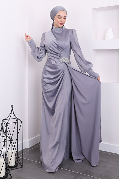 İmajButik Βραδινό Φόρεμα Σατέν - Λεπτομέρεια από Γκρι Πέτρα