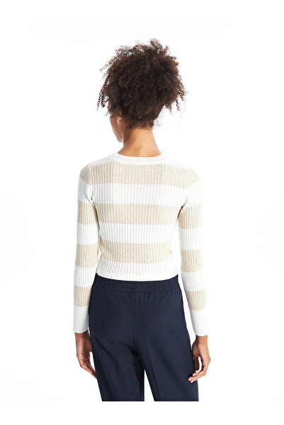 LC Waikiki Pulover de tricotat pentru femei, cu mânecă lungă, cu guler rotund dungi, bej