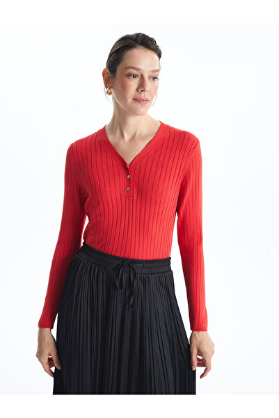 LC Waikiki Lcwaikiki Basic Red V-Neck Textured Women's Knitwear Sweater