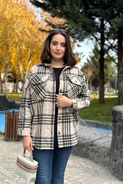 Entropy E0092 Kadın Ön Cepli Detaylı Oduncu Ekose Kışlık Ceket Gömlek - Krem/...