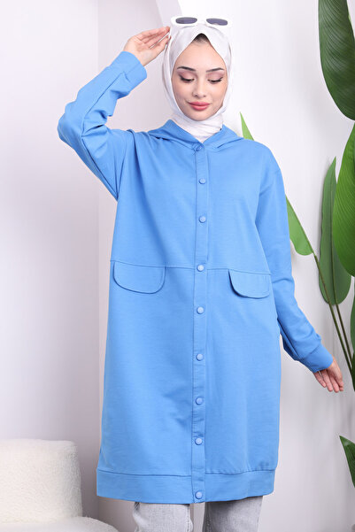 İmajButik Mavi Çıtçıtlı Kapüşonlu İki İplik Kap