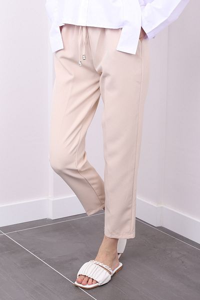 İmajButik Pantaloni morcovi cu gantere bej - cu buzunare și talie elastică