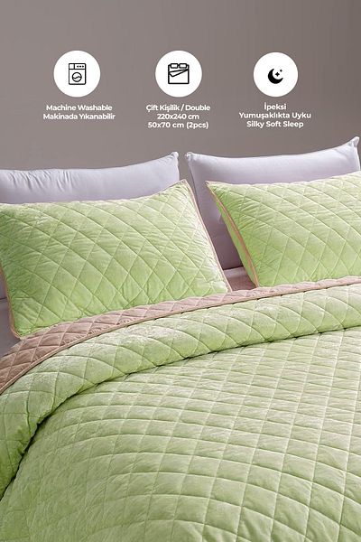 Evlen Home Collection Green Quilted Velvet Double Supersoft Bedspread Set - Soft Fiber Filling