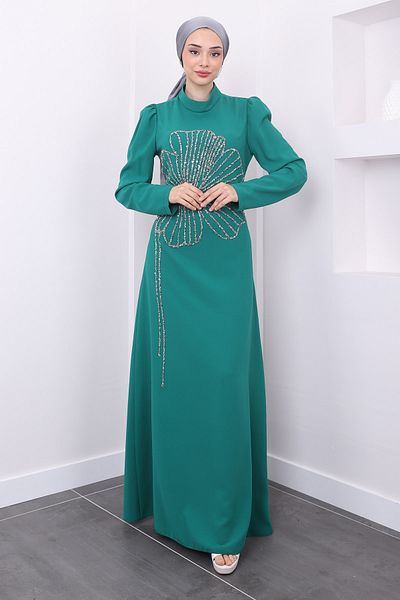 İmajButik Βραδινό φόρεμα Nursema Σμαραγδένιο Κεντημένο με Πέτρα