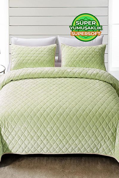 Evlen Home Collection Green Quilted Velvet Double Supersoft Bedspread Set - Soft Fiber Filling