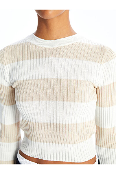 LC Waikiki Pulover de tricotat pentru femei, cu mânecă lungă, cu guler rotund dungi, bej