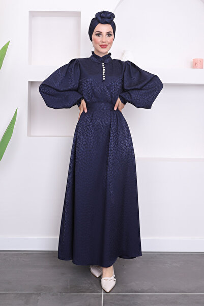 İmajButik Σατέν Φόρεμα - Μπλε ναυτικό, με βολάν στο λαιμό και ζακάρ