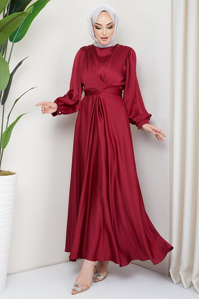 İmajButik Claret Red Plus Size Satin Evening Dress with Front Detail