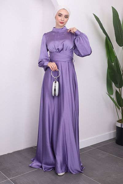 İmajButik Σατέν Βραδινό Φόρεμα - Λιλά Χρώμα, Δέσιμο Μπροστά