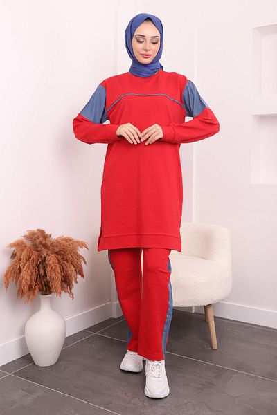 İmajButik Two Yarn Set with Red Denim Detail Tunic Pants