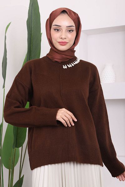 İmajButik Πλεκτό πουλόβερ με καφέ γιακά Shardon