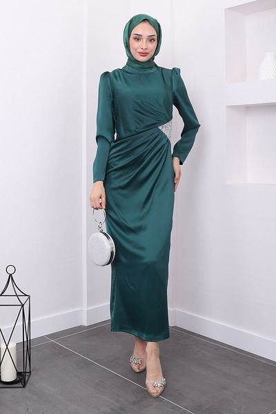 İmajButik Σατέν βραδινό φόρεμα - Σμαραγδένιο πράσινο και πέτρινη λεπτομέρεια