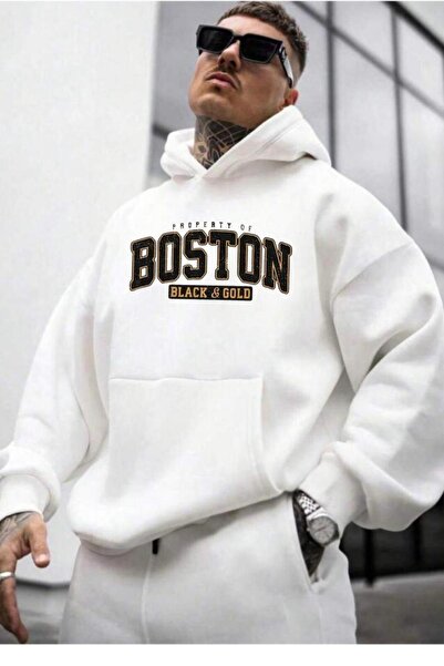 CAST COLLECTİON Hanorac oversize cu imprimeu Boston alb, negru, auriu