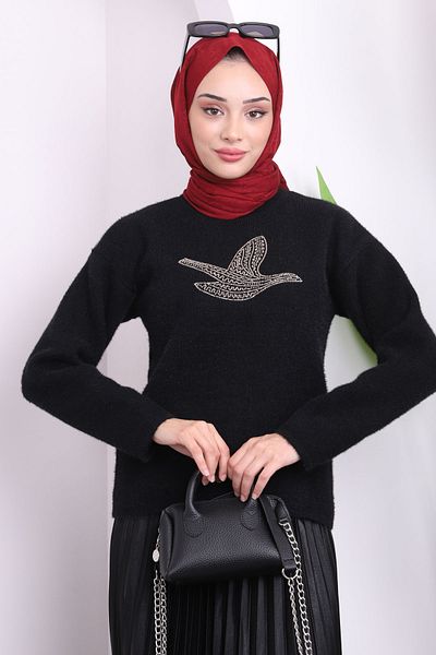 İmajButik Πλεκτό πουλόβερ με μαύρη κεντημένη γενειάδα