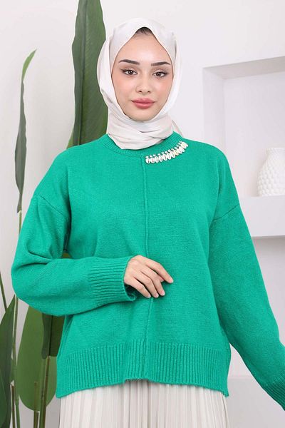 İmajButik سترة تريكو ذات طية صدر السترة باللون الأخضر