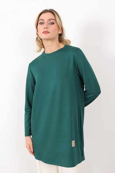 Linvey Crystal Combed Cotton Crew Neck Relaxed Fit Basic Long Tunic