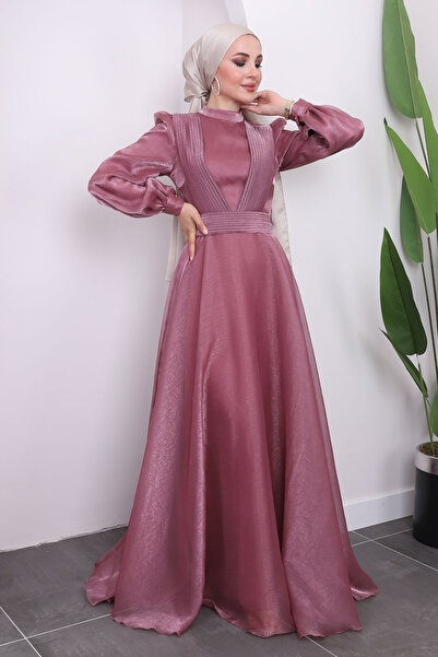 İmajButik Βραδινό φόρεμα με πλισέ Dusty Rose γιακά