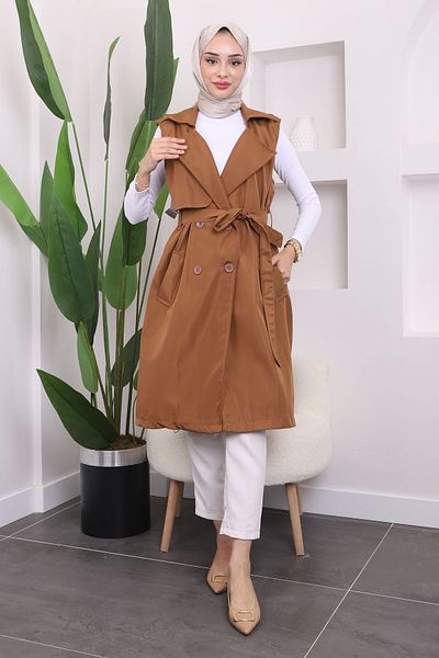 İmajButik Ταν γιλέκο μέσης με επωμίδες στους ώμους