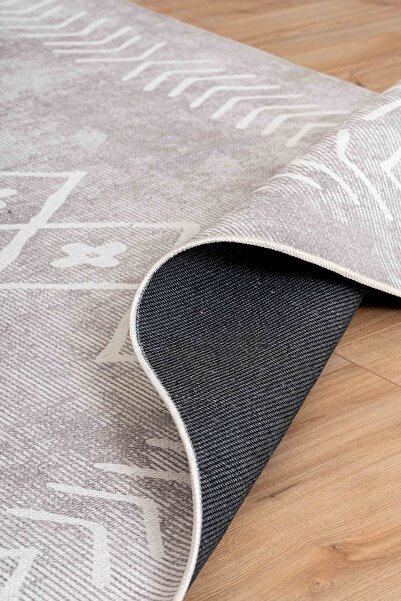 Serente Home Scandinavian Patterned Washable Non-Slip Base Chenille Beige Entrance Carpet 4013