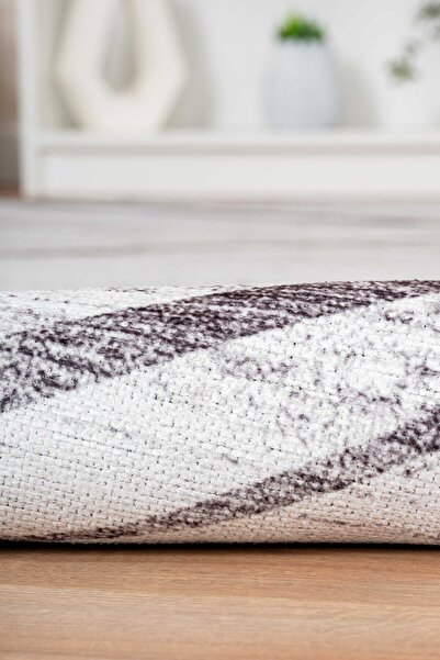 Serente Home Line Patterned Washable Non-Slip Base Chenille White Brown Doorway Carpet 4047