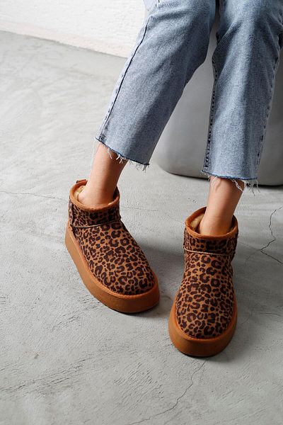 Beyond Tan Leopard Patterned Women's Suede Boots - Ultra Mini, Fur Inside, High Sole 4.5cm Byndum02