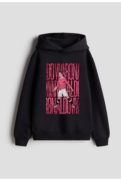 sielta Football Player Cristiano Ronaldo Printed Hooded Boys Girls Kids Black Sweathsirt