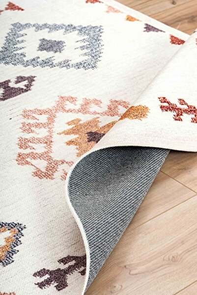 Serente Home İskandinav Desenli Yıkanabilir Kaymaz Taban Şönil Krem Sarı Kırmızı Mutfak Halısı 4023