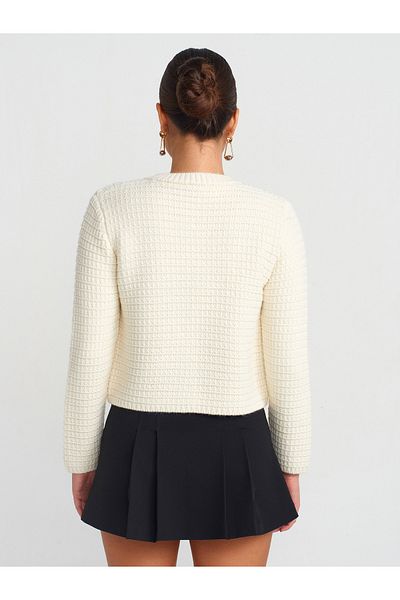 Dilvin 60298 Crew Neck Buttoned Knitwear Cardigan-Ecru