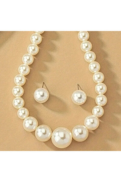Genel Markalar Beyaz Büyük İnci Choker Kolye Küpe Set
