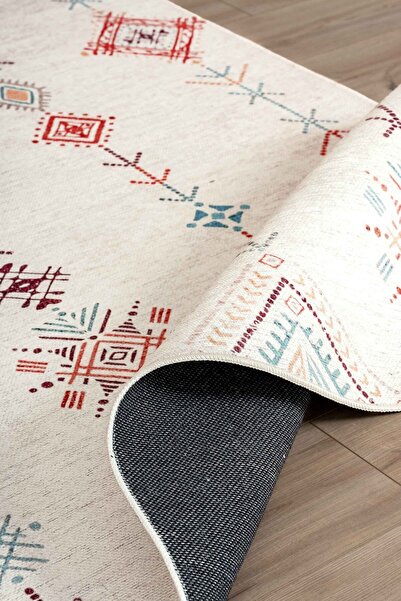 Serente Home Ethnic Patterned Washable Non-Slip Base Cream Chenille Kitchen Carpet 4051