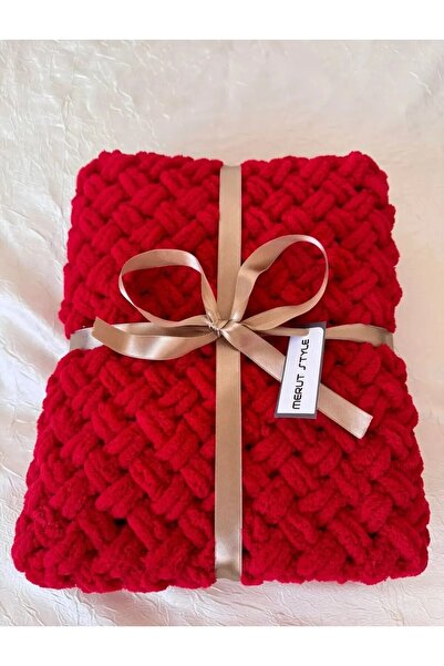 MERUT STYLE HAYATINI RENKLENDİR El Örgüsü Alize Puffy Bebek Battaniyesi Kırmızı Hasır Desen