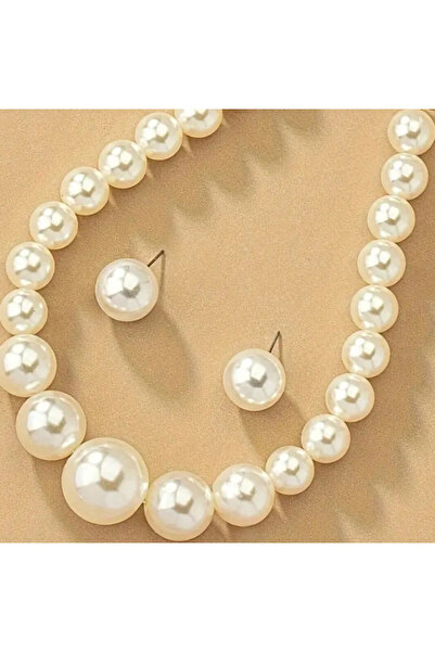 Genel Markalar Beyaz Büyük İnci Choker Kolye Küpe Set