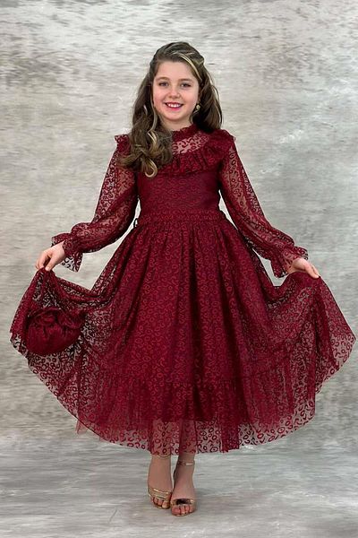 Riccotarz Burgundy Girl's Dress - Transparent Tulle and Ruffle Detail