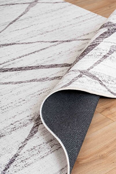 Serente Home Line Patterned Washable Non-Slip Base Chenille White Brown Doorway Carpet 4047